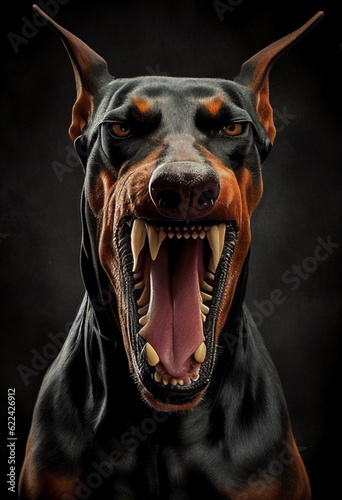 Angry doberman on a black background. AI Generated