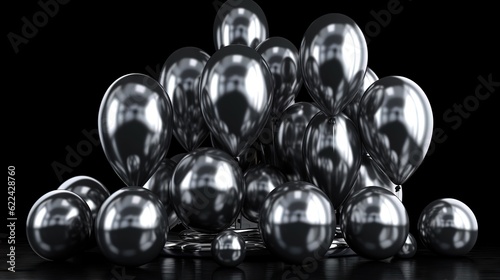  a pile of shiny silver balloons on a black background with a reflection. generative ai