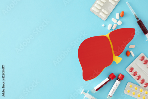 World hepatitis day concept. Top view shot of different pills, liver shape symbol , blood samples and syringes on light blue background with empty space for text