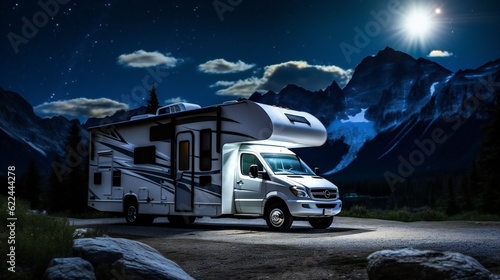 Camping in the wild with RV, night time, sunset, moonlight