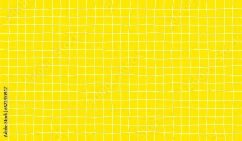 Distorted Background with White Cage on Yellow. Abstract Psychedelic Pattern with Wavy Doodle Stripes. Vector Groovy Y2K Checker Texture