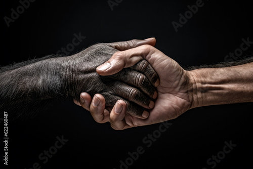 Human and primate ape monkey hand held together. Animals and people coexisting together, or evolution concept. Generative AI