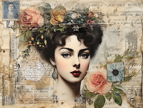 Victorian style background for scrapbooking and decoupage. Young beautiful woman with floral decoration. Generative AI