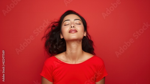 Pretty young Asian woman closes eyes licks lips from temptation to taste something delicious shows tongue imagines eating delicious food wears shirt isolated over vivid red background.