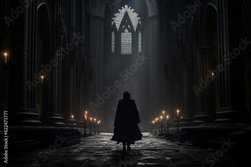 Illustration of a robbed priest in a medieval cathedral from behind. Generative AI. 