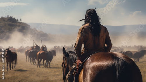 Illustration of an indigenous rider on the prairies in the old west. Generative AI. 