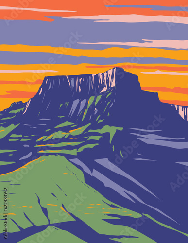 WPA poster art of the Drakensberg or Dragon Mountains within the border region of South Africa and Lesotho in southern Africa done in works project administration or Art Deco style.