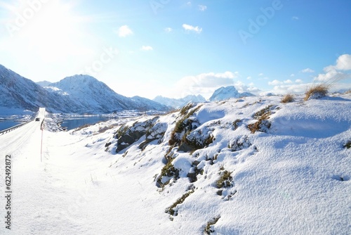 Snow mountain view during winter season at Norway, Europe. 