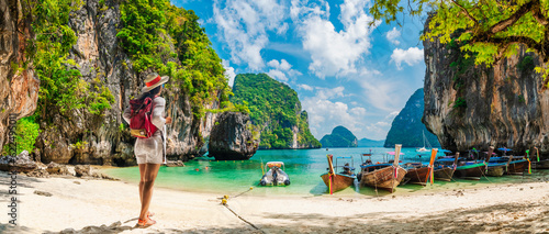 Traveler woman on vacation beach joy nature panorama view scenic landscape island Krabi, Attraction famous popular place tourist travel Phuket Thailand summer holiday trips, Beautiful destination Asia