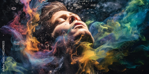 Man having an awakening during breathwork in a colorful surreal dreamlike. Subject of the mind and inner symbology