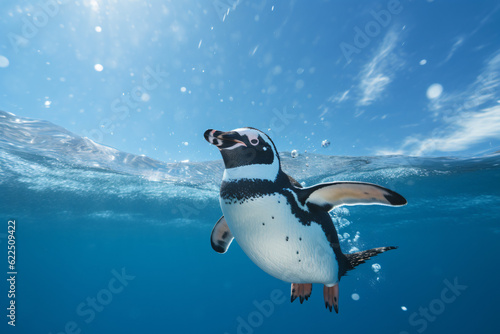 A penguin swimming in an aquarium with a blue sky