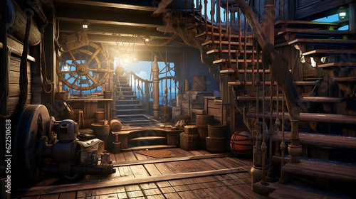 Deck of a pirate ship with a door to the captain's.