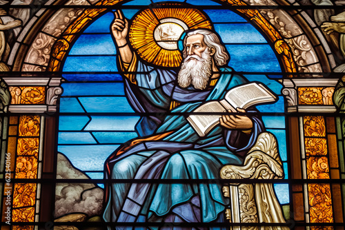 Stunning stained glass depiction of Moses receiving the Ten Commandments; a vivid educational tool from a catholic cathedral referencing Exodus 20, 1-17. Generative AI