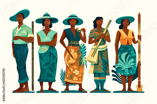 Celebratory group of workers in vibrant Pacific Island attire, symbolizing Labor Day with tropical hues and patterns. Generative AI