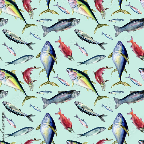Various sea fishes seamless pattern watercolor illustration isolated on blue. Wild fish, tuna, salmon, herring, anchovy hand drawn. Design element for textile, packaging, paper, wrapping, background
