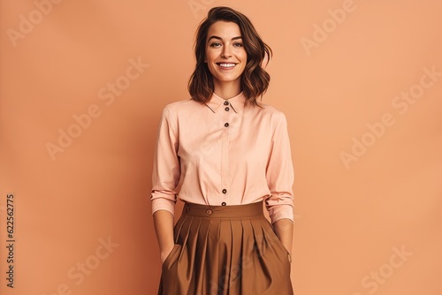 smiling young woman in blouse and skirt on beige background