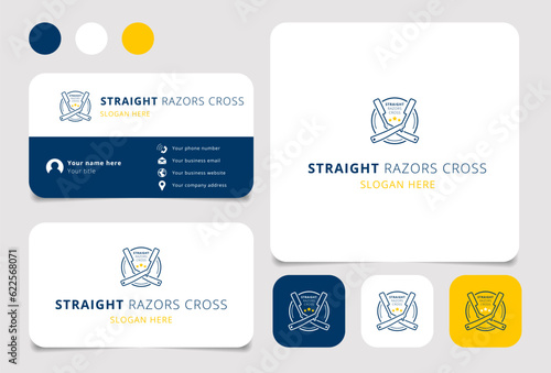 Straight razors cross logo design with editable slogan. Branding book and business card template.