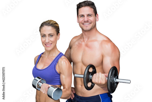 Digital png photo of caucasian sports couple holding dumbbells on transparent background