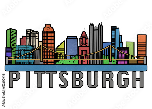 Pittsburgh City Skyline Colorful Illustration, Silhouette of Pittsburgh Pennsylvania, USA City