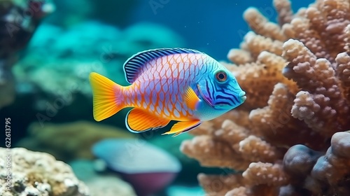 Tropical fish in the Red Sea. Egypt. Colorful coral reef with tropical fish in the ocean. Underwater world. AI generated illustration. Closeup multicolored tropical fish in crystal clear azure water