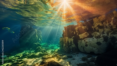 Underwater view of the rocks with sunlight rays in the Mediterranean Sea. Beautiful underwater world with crystal clear turquoise sea water and bright sunbeams. Composition of nature . 3d render