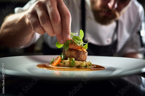 Master chef cook man hands precisely cooking dressing preparing tasty fresh delicious mouthwatering gourmet dish food on plate to customers 5-star michelin restaurant kitchen close-up detailed artwork