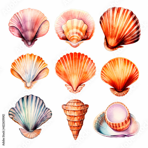 shell set watercolor on a white background created with Generative Ai