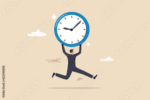 Steal time, productivity or procrastination problem, work efficiency to finish in deadline, strategy or accomplishment concept, burglar thief stealing time clock and run away.