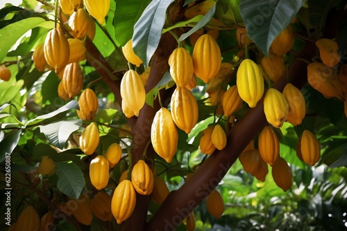 Golden Delight Theobroma Cacao Cocoa Plant with Lush Yellow Pods. Generative AI