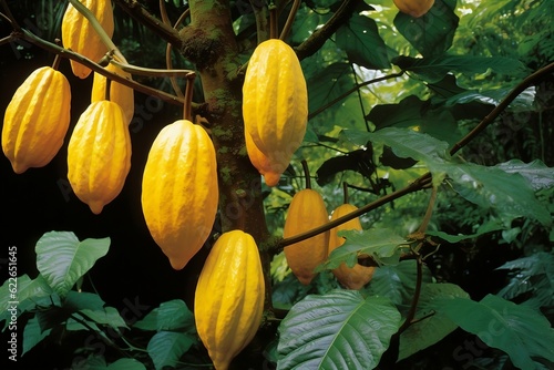 Golden Delight Theobroma Cacao Cocoa Plant with Lush Yellow Pods. Generative AI
