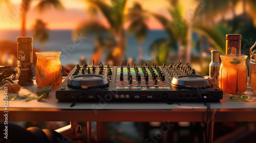 Dj console with beers and cocktails at the beach party