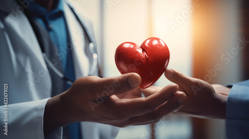  a doctor's hand extending the red heart shape towards a patient, representing the importance of organ donation and the impact it has on saving lives, AI-Generated
