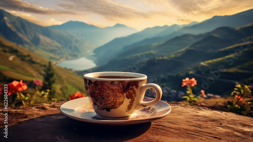 Cup of coffee latte on the background of mountains new quality universal colorful technology illustration design generative ai 