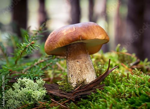 boletus in a beautiful forest with moss and conifers 