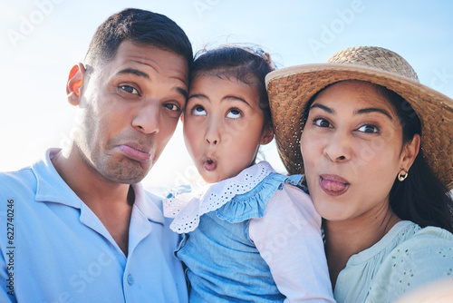 Face, family and funny with selfie on vacation for bonding with children in outdoor for travel. Silly, portrait and love and kids or parents on holiday for quality time, adventure or goofy people.