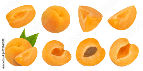 Pitted apricot slices on a white isolated background. Apricot slices with and without pits and with leaves on different sides. Isolate of halves and whole apricots.