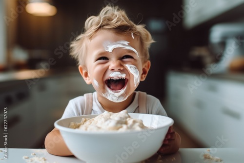 Laughing boy sits in chair eating porridge at kitchen, First baby meal concept.