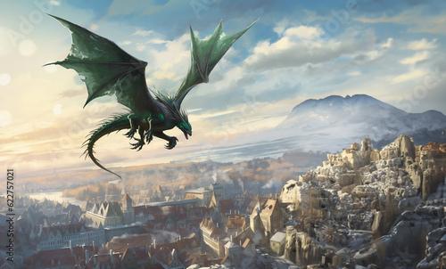 green dragon flying high above the old city. Winter morning. Calendar for 2024, symbol of the year.