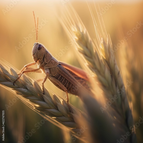 AI generated grasshopper perched on a wheat stalk