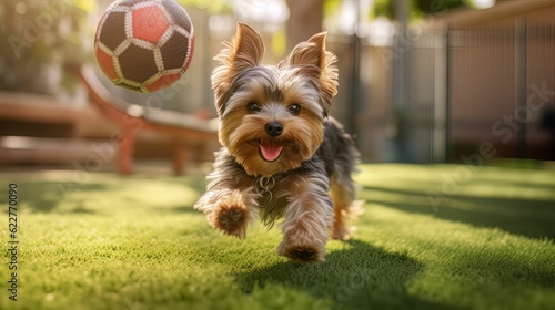 AI generated illustration of a yorkshire terrier playing with a round ball in the grass