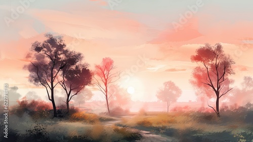 sunset over a serene landscape with soft pastel hues, gentle clouds, and silhouettes of trees