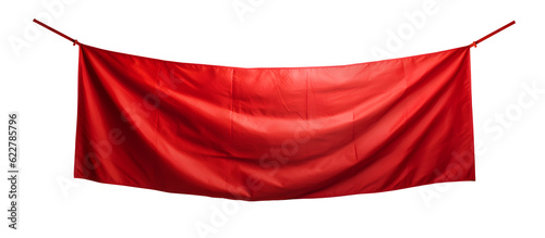 bâche en plastique rouge tendue entre deux corde, pour message promotionnel