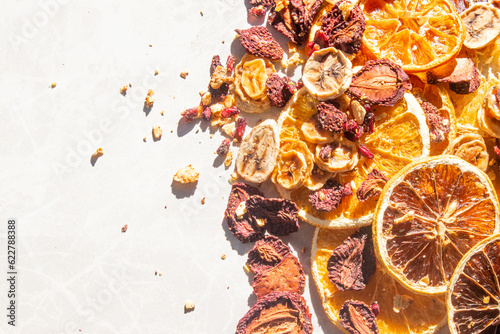 dried fruits on the white marble with sunlight