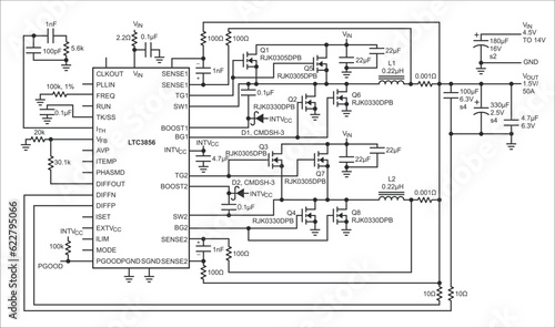 Engineer scheme of electronic device (2 phase synchronous buck converter featuring). Vector drawing electrical circuit with diode, voltage controller, capacitor, inductor and other components.