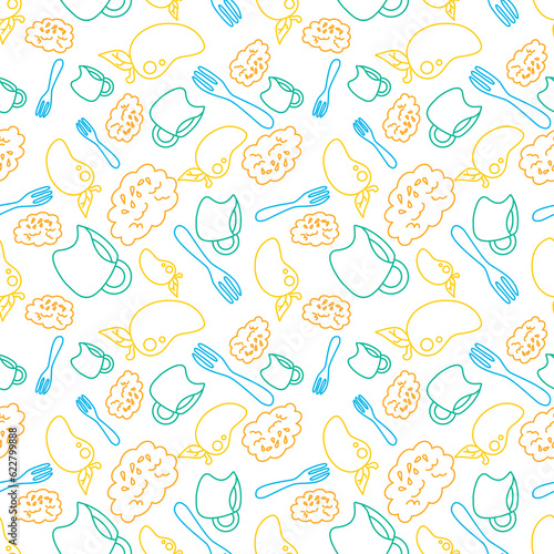 doodle color line mango sticky rice concept seamless pattern on white background. vector abstract illustration.