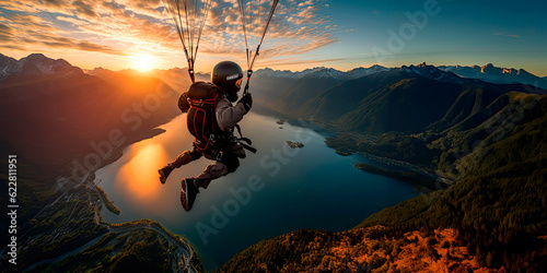 Skydiver flying over water during sunset with mountains