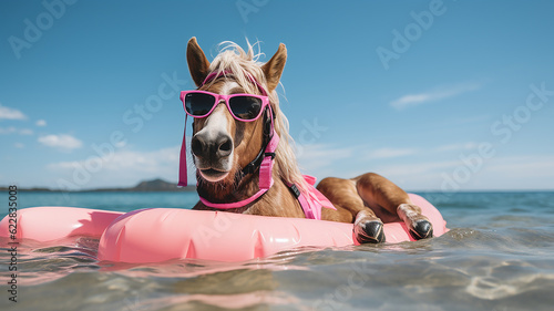 simpatico cavallo rilassato in spiaggia con occhiali da sole e materassino gonfiabile rosa, concetto di vacanza, vacanze per animali