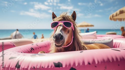 simpatico cavallo rilassato in spiaggia con occhiali da sole e materassino gonfiabile rosa, concetto di vacanza, vacanze per animali