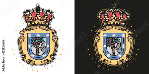 Madrid City Spain Hand Drawn Coat of Arms Design in Traditional Tattoo Aesthetic, Illustration of The Statue of the Bear and the Strawberry Tree, Heraldic Symbol, Vector Graphics.