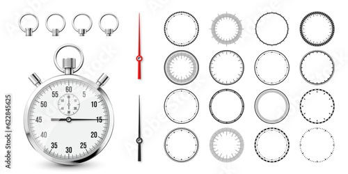 Classic stopwatch with clock faces. Shiny metal chronometer, time counter with dial. Countdown timer showing minutes and seconds. Time measurement for sport, start and finish. Vector illustration